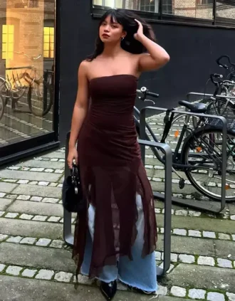 Epäsymmetrinen pitsi-tylli-bandeau-midimekko