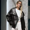 Naisten Leather Funnel Neck Takki