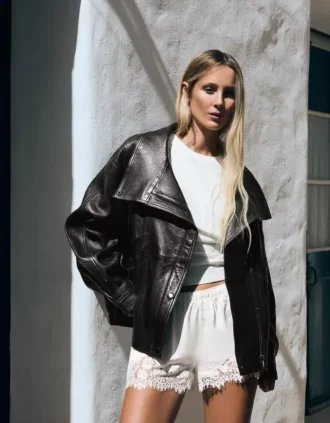 Naisten Leather Funnel Neck Takki