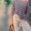 Painettu epäsymmetrinen kaulus, pitkähihainen T-paita – #Bershkastyle – Naiset